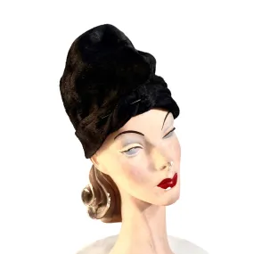 1940s Womens Tall Architectural Fur Felt Hat Black Turban Style Med. Bonwit Teller