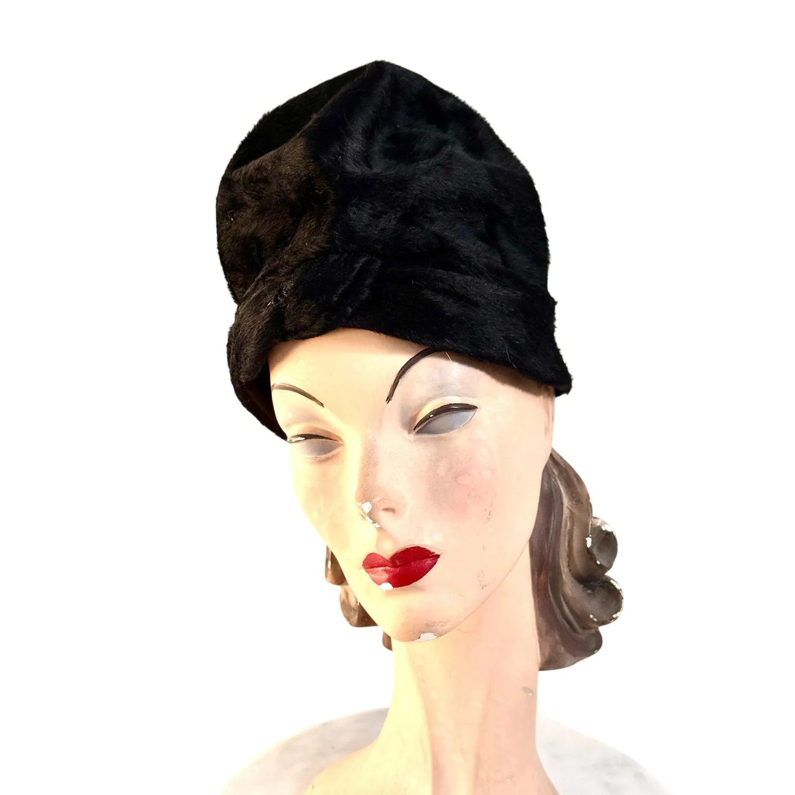 1940s Womens Tall Architectural Fur Felt Hat Black Turban Style Med. Bonwit Teller