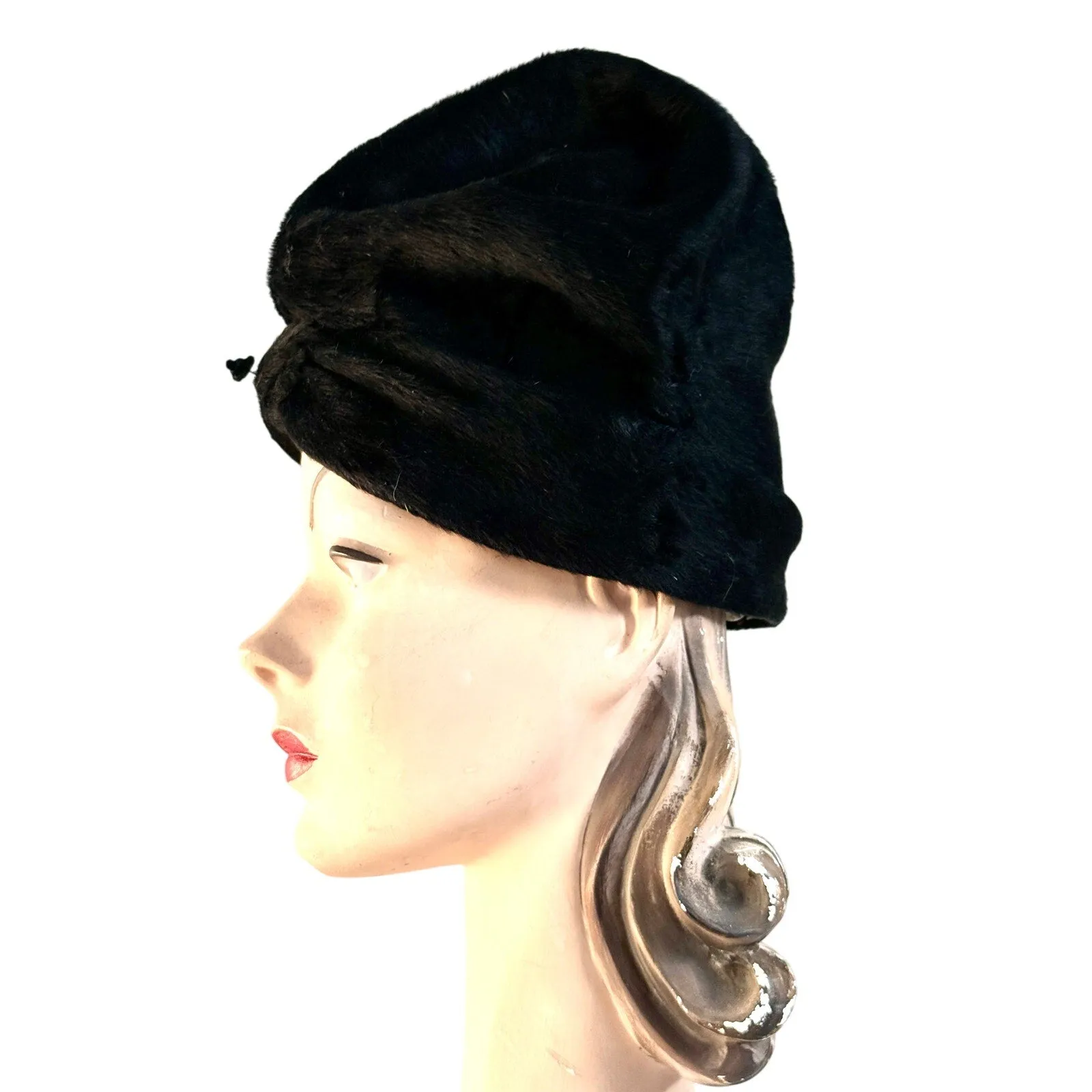 1940s Womens Tall Architectural Fur Felt Hat Black Turban Style Med. Bonwit Teller