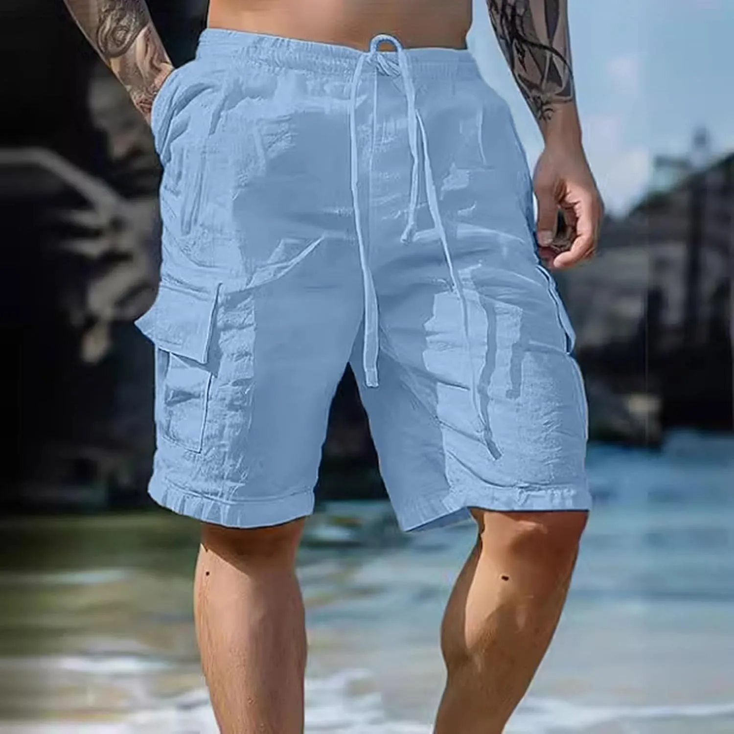 Alalaso Mens Cotton Linen Shorts Casual Drawstring 5.5Inch Stretch Workout Shorts Casual Suitable for Yoga Golf Shorts