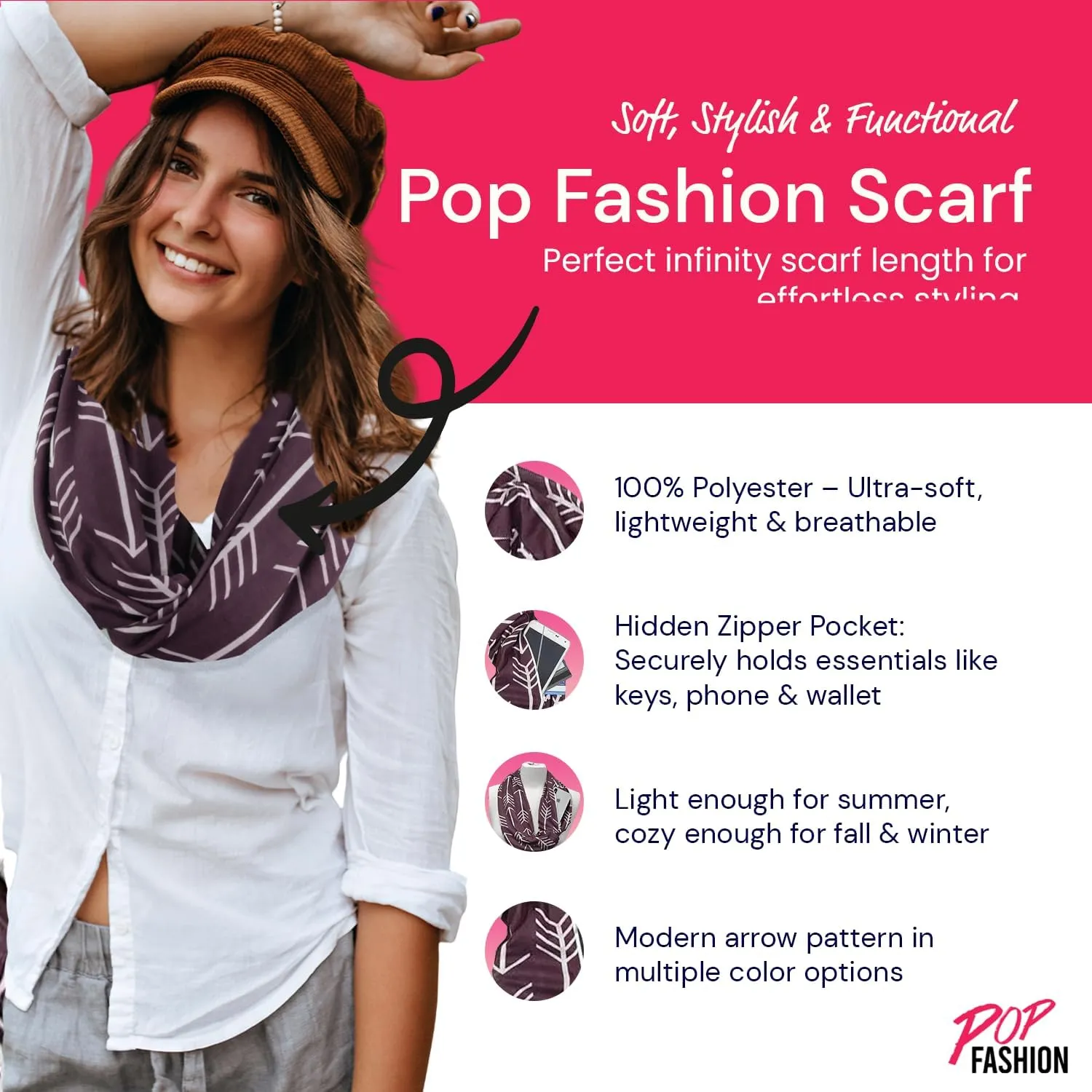 Arrow Pattern Infinity Scarf for Women - Travel Scarf with Hidden Zipper Pocket - All Seasons