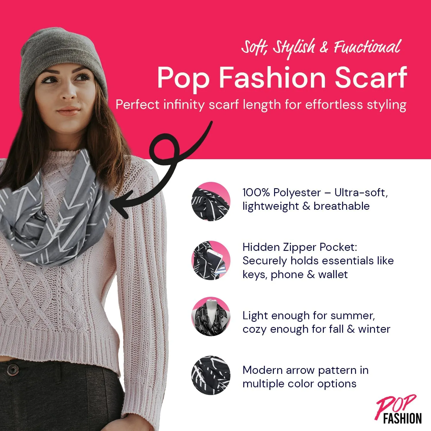 Arrow Pattern Infinity Scarf for Women - Travel Scarf with Hidden Zipper Pocket - All Seasons