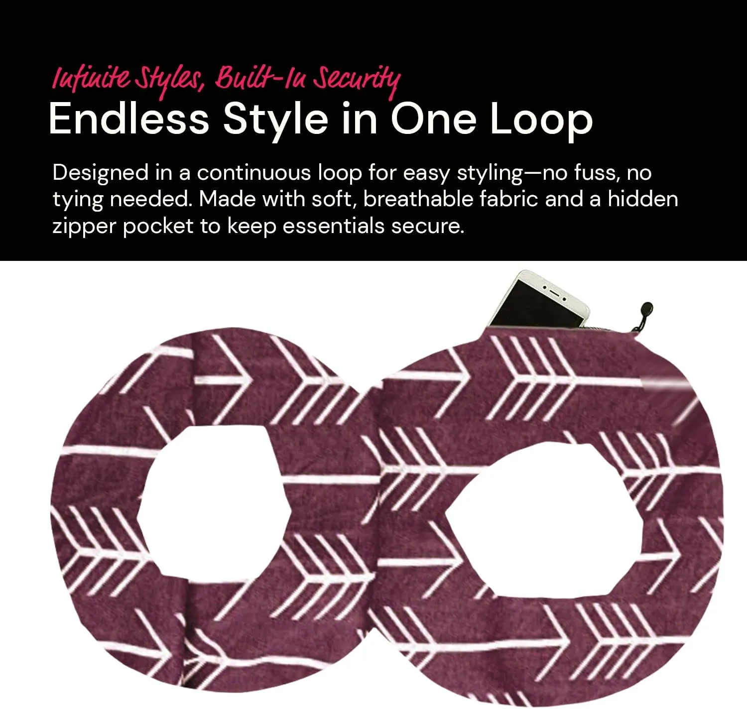 Arrow Pattern Infinity Scarf for Women - Travel Scarf with Hidden Zipper Pocket - All Seasons
