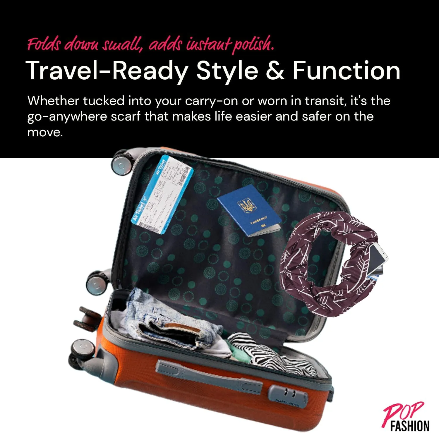 Arrow Pattern Infinity Scarf for Women - Travel Scarf with Hidden Zipper Pocket - All Seasons