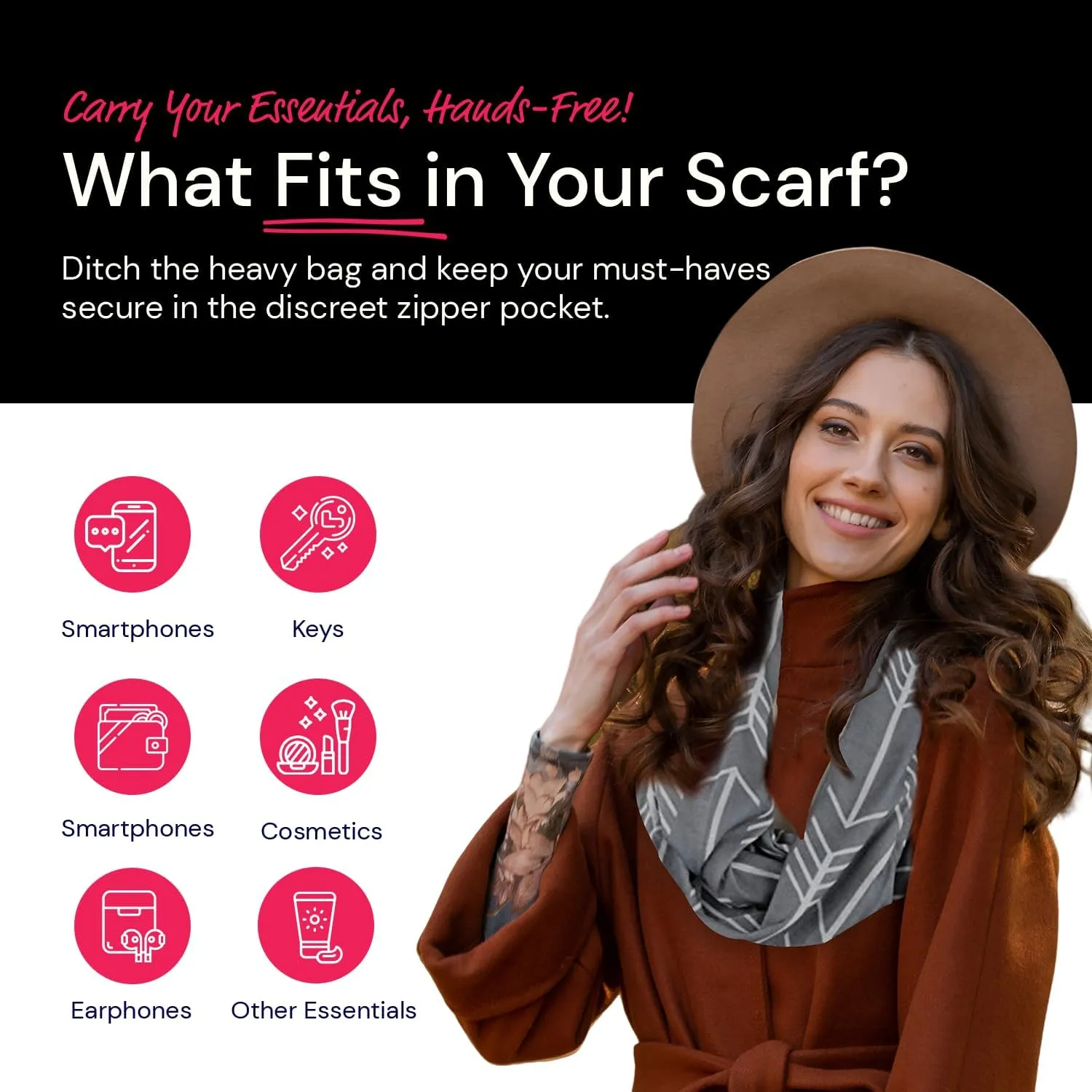 Arrow Pattern Infinity Scarf for Women - Travel Scarf with Hidden Zipper Pocket - All Seasons