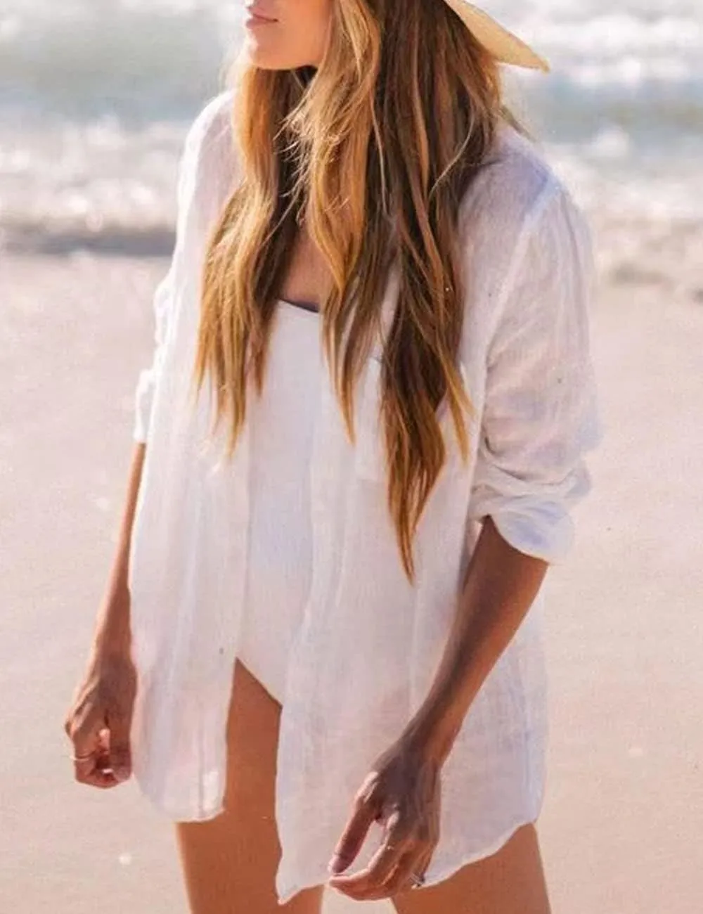 Beach Coverup for Women, Swimsuit Coverup Long Sleeve, Linen Bikini Cover Up Shirt, Bathing Suit Cover Ups for Pool