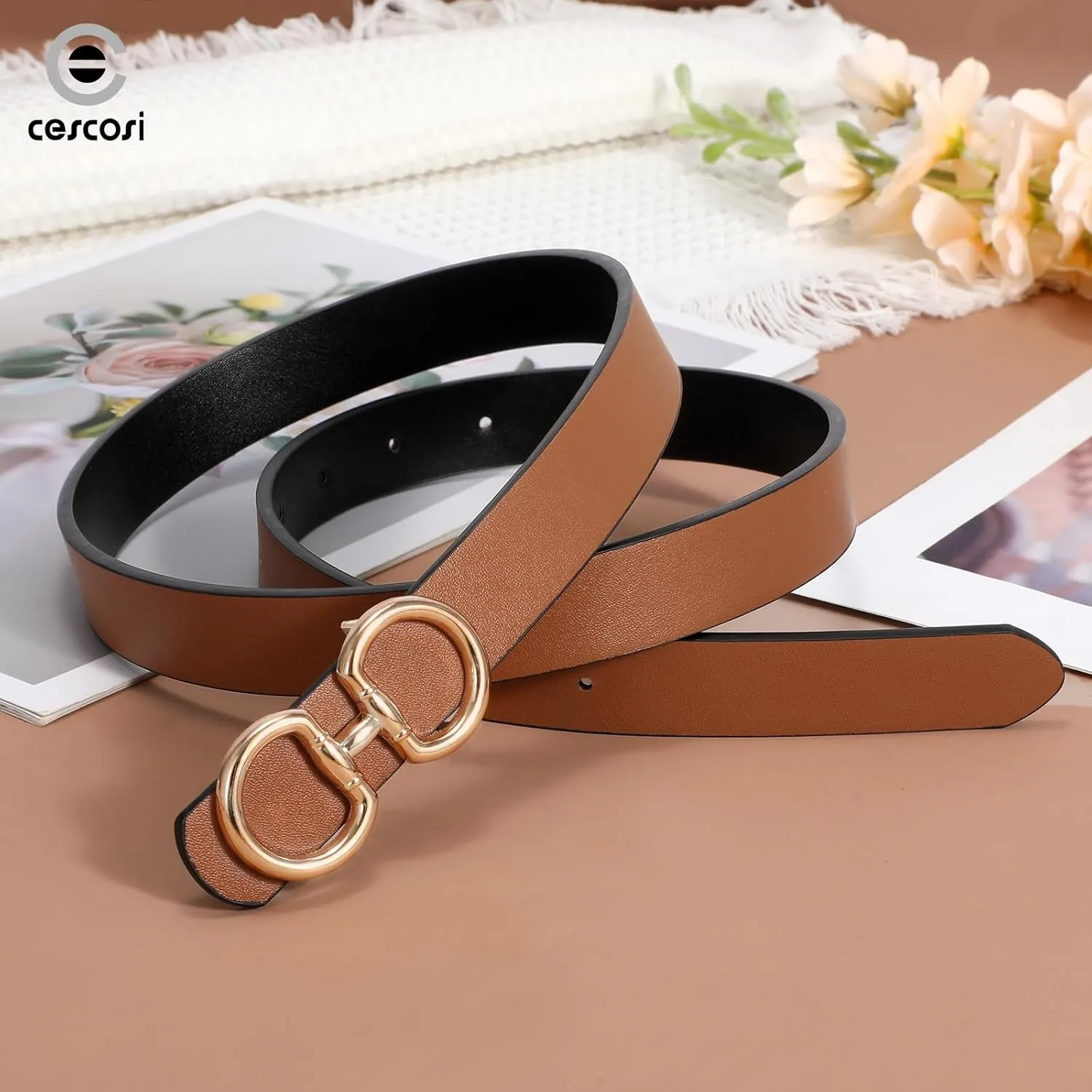 CESCOSI Reversible Leather Belt for Women with Gold Buckle 0.9 Width Ladies Leather Belt for Jeans Pants
