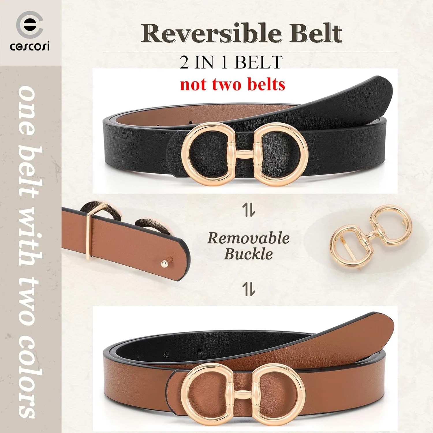 CESCOSI Reversible Leather Belt for Women with Gold Buckle 0.9 Width Ladies Leather Belt for Jeans Pants