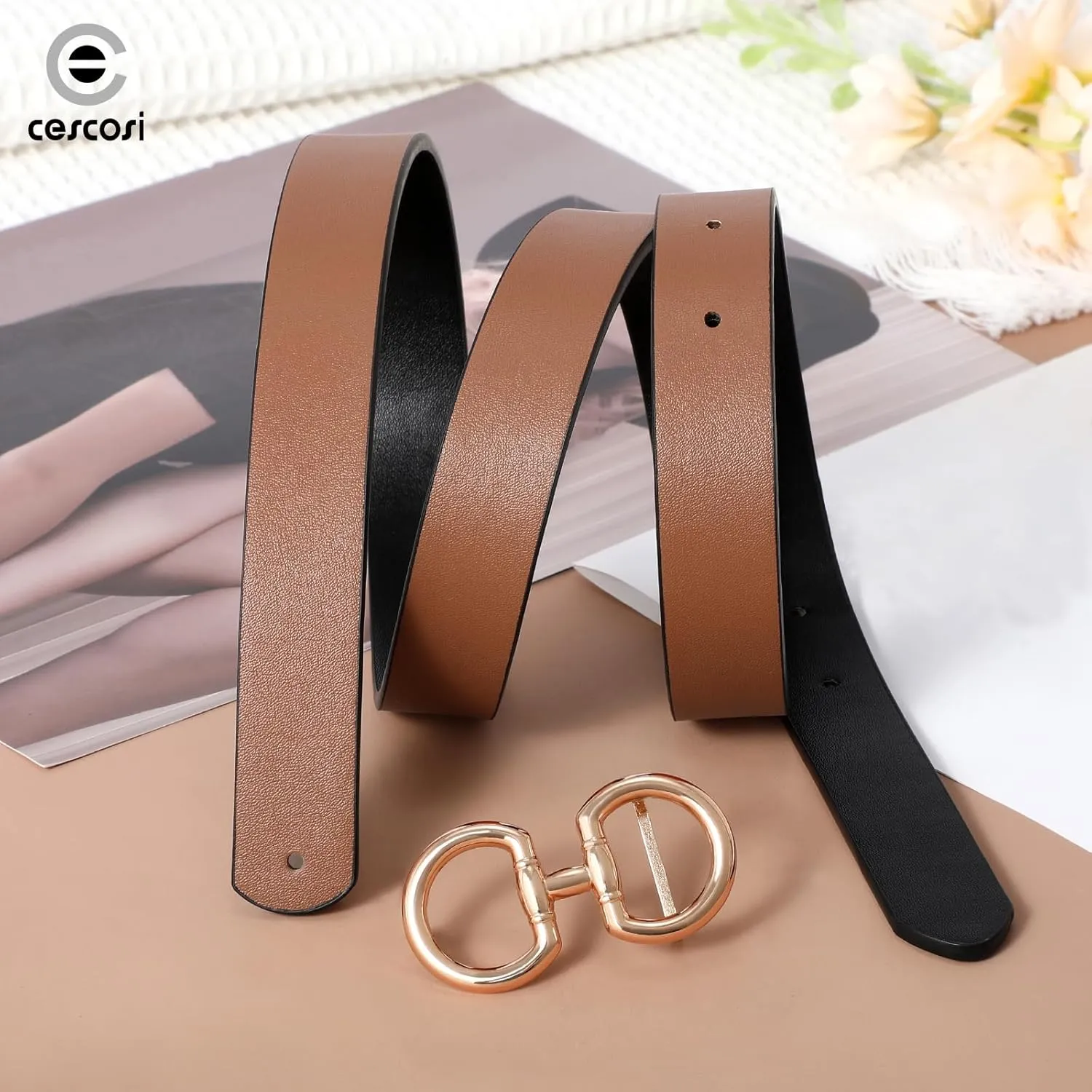 CESCOSI Reversible Leather Belt for Women with Gold Buckle 0.9 Width Ladies Leather Belt for Jeans Pants