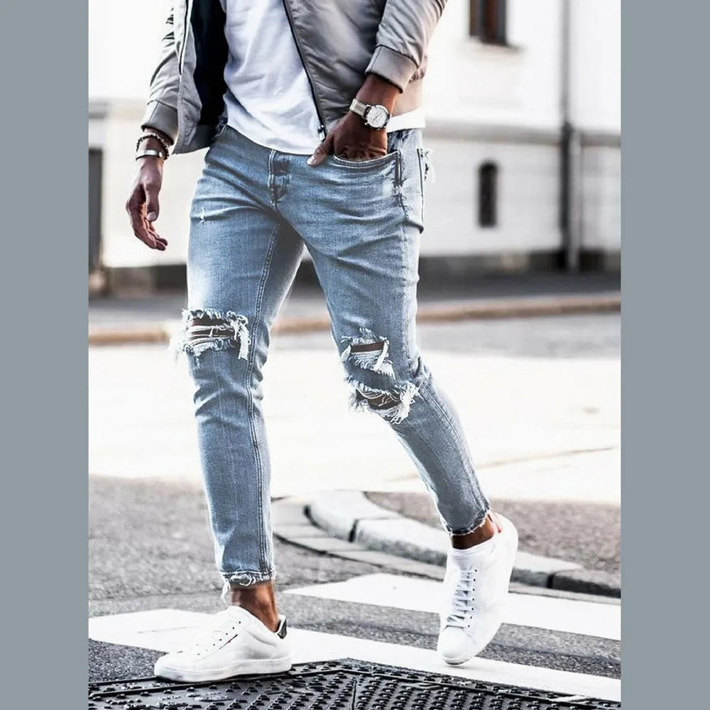 Comfy Pencil Pants Newest Mid Waisted Jeans Men's Ripped Jeans