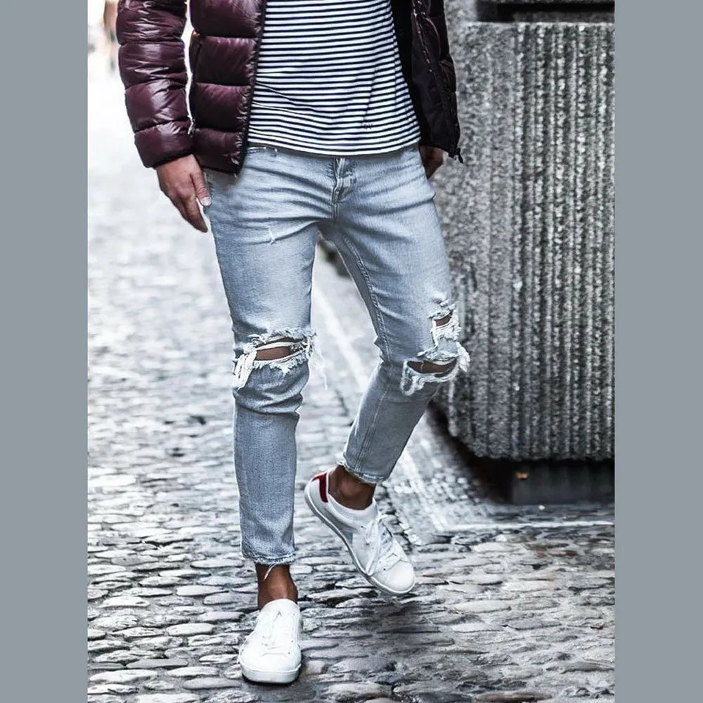 Comfy Pencil Pants Newest Mid Waisted Jeans Men's Ripped Jeans