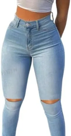 Cropped Skinny Fit Ripped Jeans for Women, Black, Light Grey, Light Wash, 4(S)-12(XL), High Stretch Denim Blend