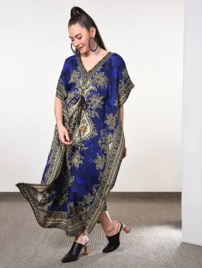 Drawstring waist scarf print kaftan dress