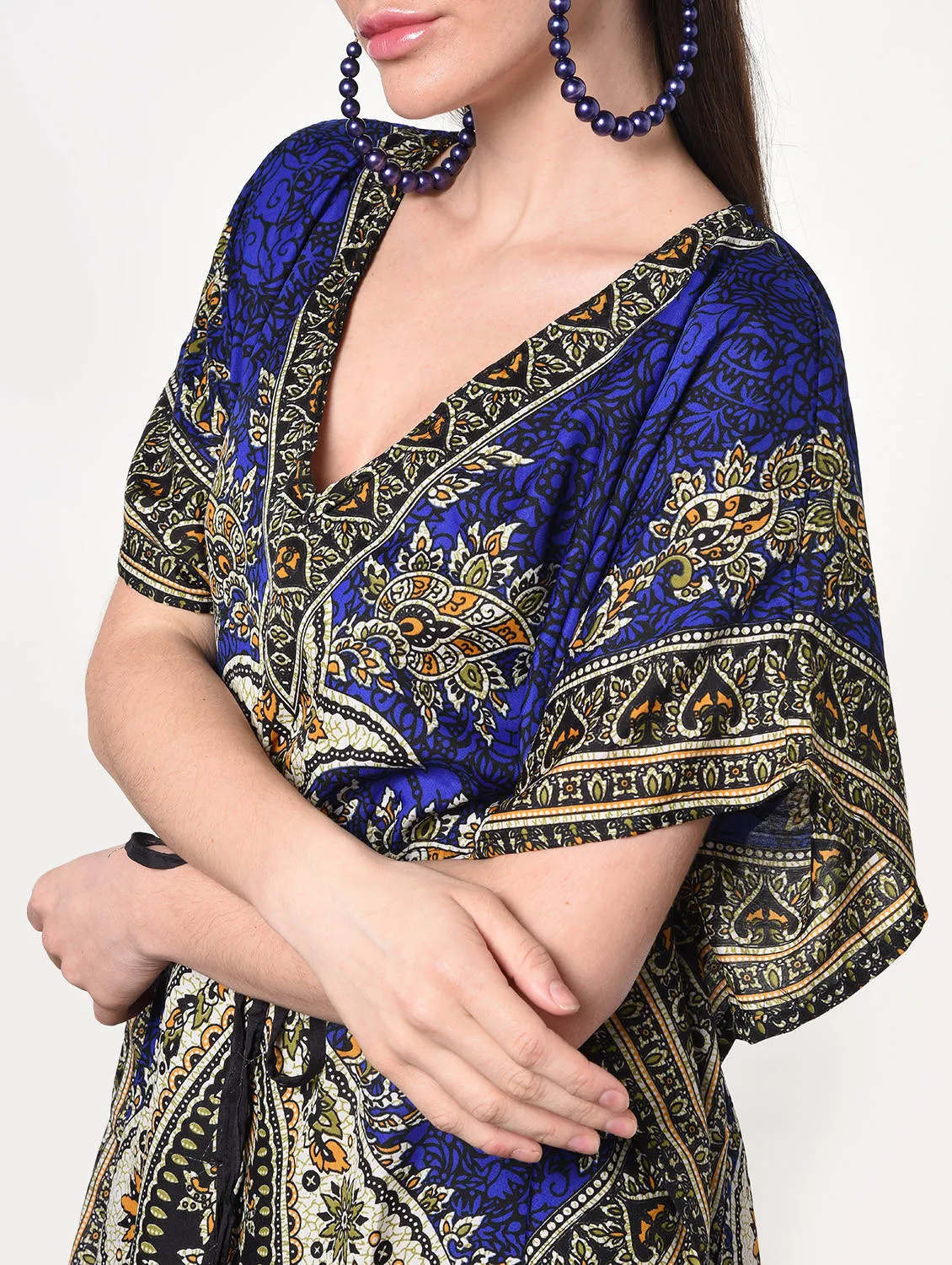 Drawstring waist scarf print kaftan dress