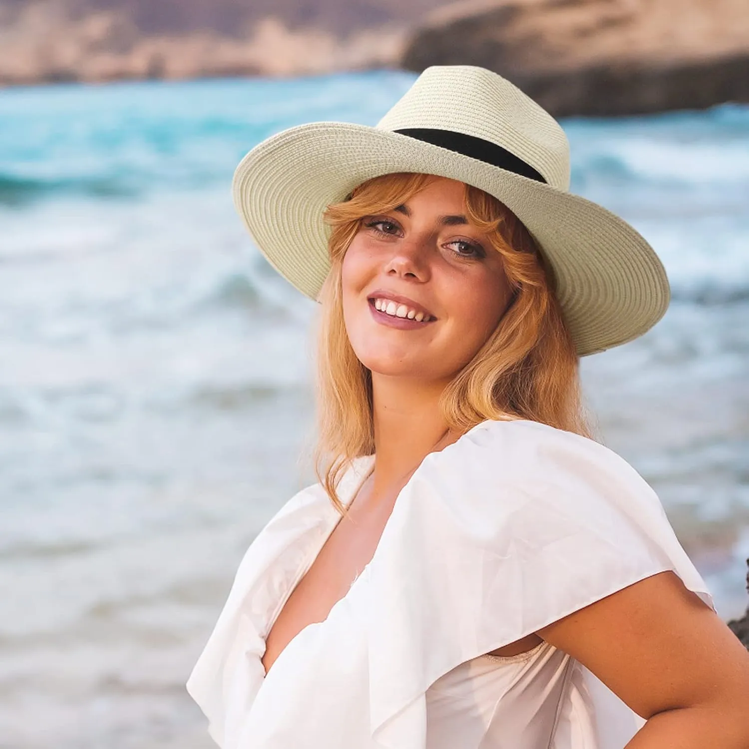 DRESHOW Women Straw Panama Hat Travel Fedora Beach Sun Hat Summer Wide Brim Straw Roll up Hat UPF 50 
