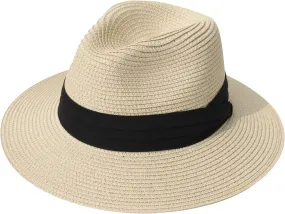 DRESHOW Women Straw Panama Hat Travel Fedora Beach Sun Hat Summer Wide Brim Straw Roll up Hat UPF 50 