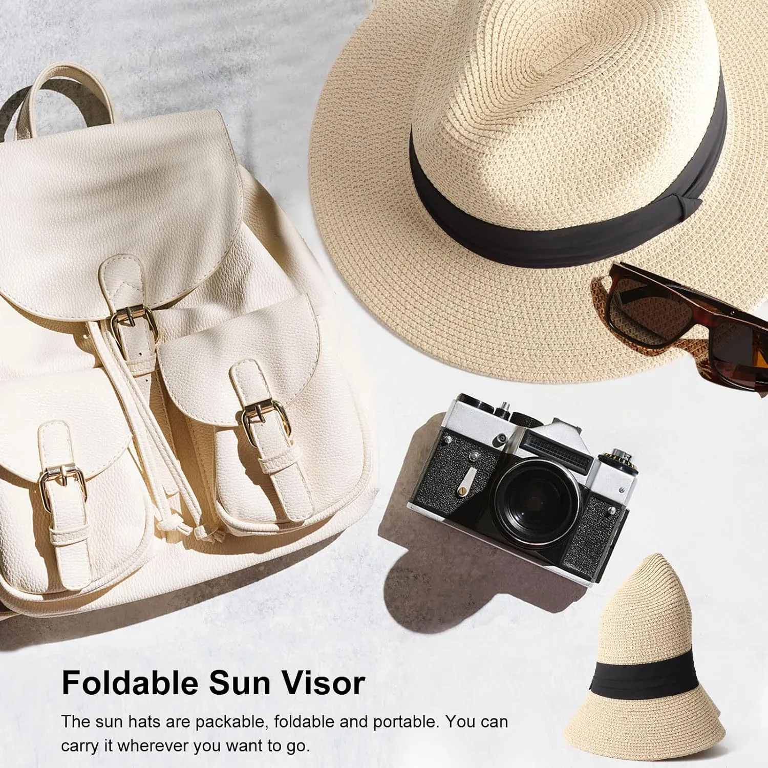 DRESHOW Women Straw Panama Hat Travel Fedora Beach Sun Hat Summer Wide Brim Straw Roll up Hat UPF 50 