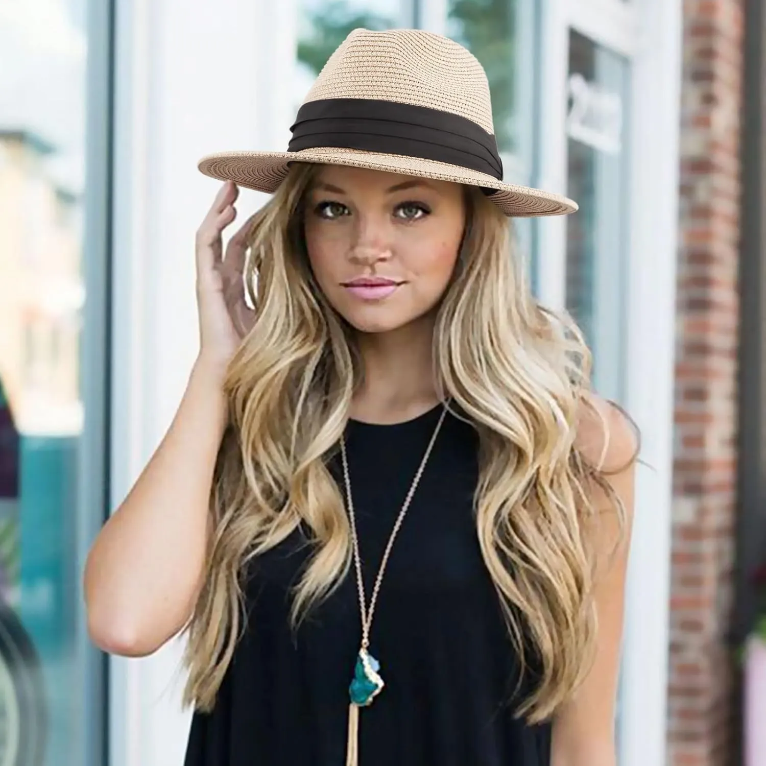 DRESHOW Women Straw Panama Hat Travel Fedora Beach Sun Hat Summer Wide Brim Straw Roll up Hat UPF 50 