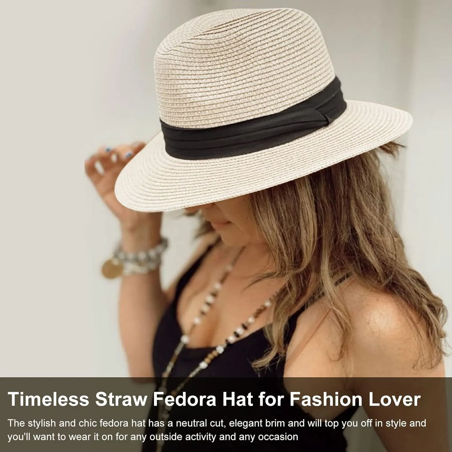 DRESHOW Women Straw Panama Hat Travel Fedora Beach Sun Hat Summer Wide Brim Straw Roll up Hat UPF 50 