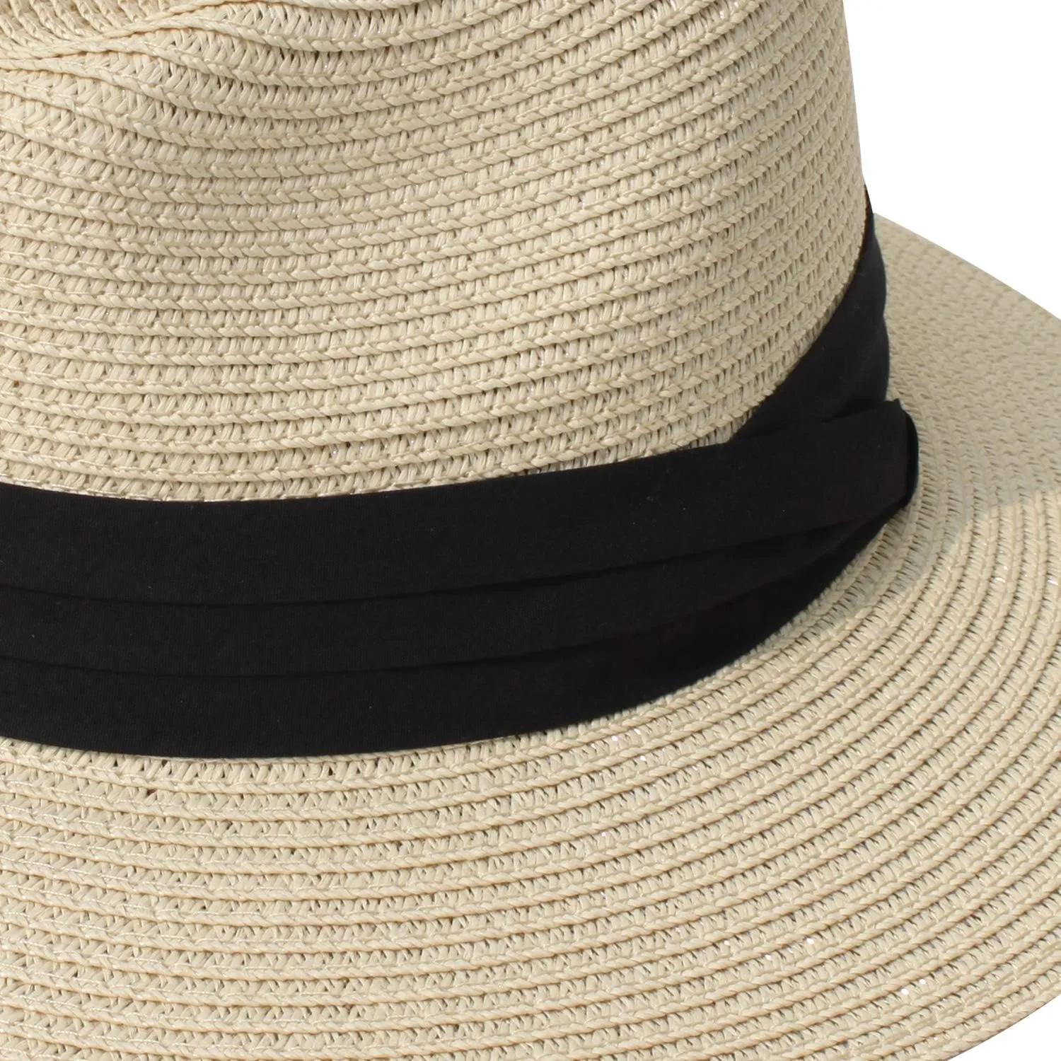 DRESHOW Women Straw Panama Hat Travel Fedora Beach Sun Hat Summer Wide Brim Straw Roll up Hat UPF 50 