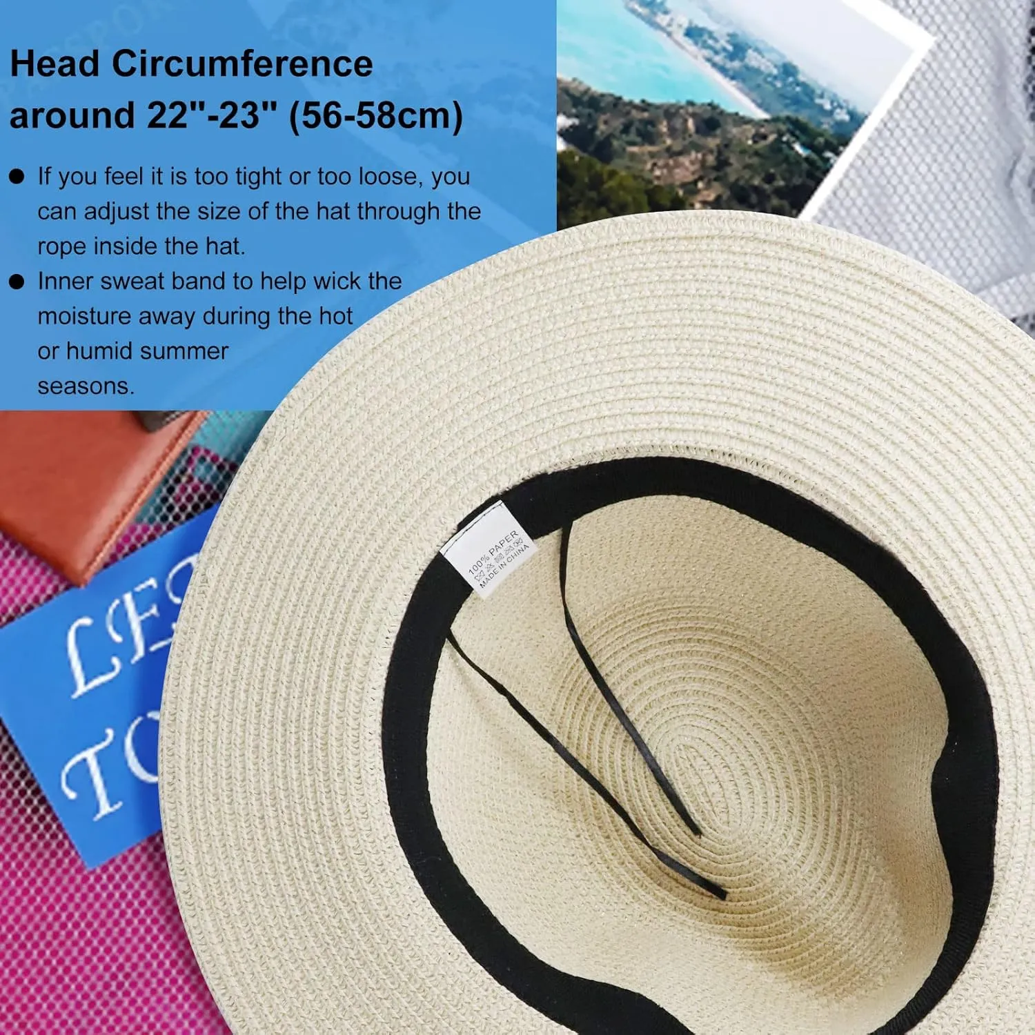 DRESHOW Women Straw Panama Hat Travel Fedora Beach Sun Hat Summer Wide Brim Straw Roll up Hat UPF 50 
