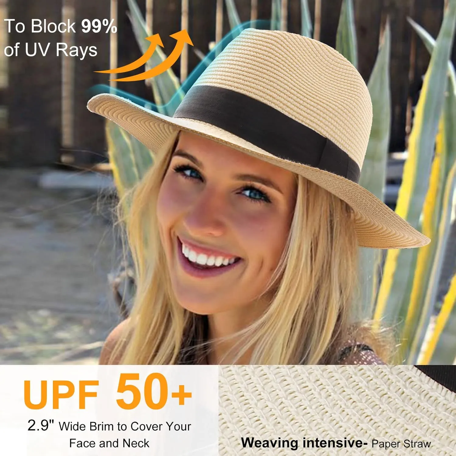 DRESHOW Women Straw Panama Hat Travel Fedora Beach Sun Hat Summer Wide Brim Straw Roll up Hat UPF 50 