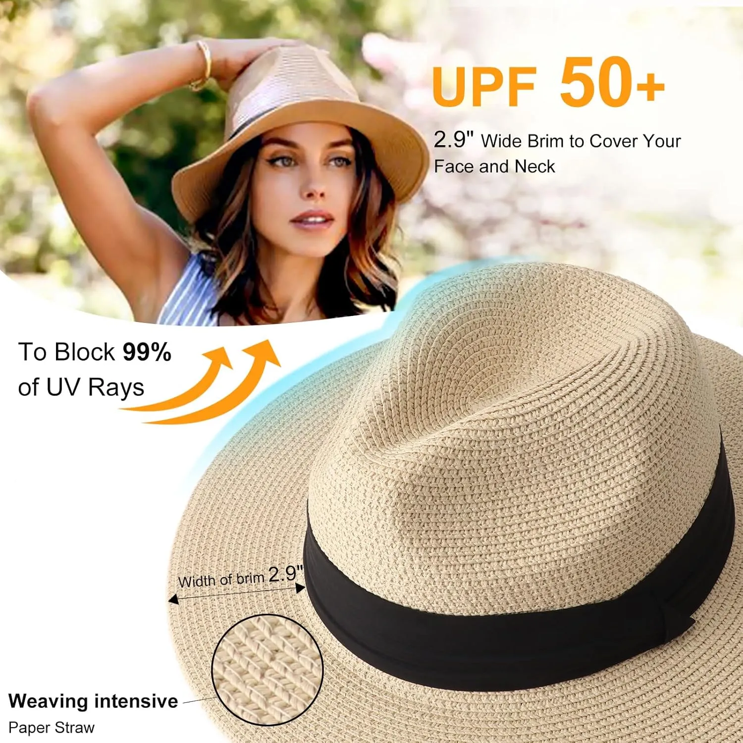DRESHOW Women Straw Panama Hat Travel Fedora Beach Sun Hat Summer Wide Brim Straw Roll up Hat UPF 50 