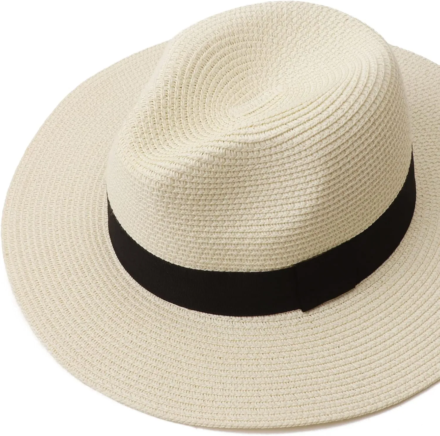 DRESHOW Women Straw Panama Hat Travel Fedora Beach Sun Hat Summer Wide Brim Straw Roll up Hat UPF 50 