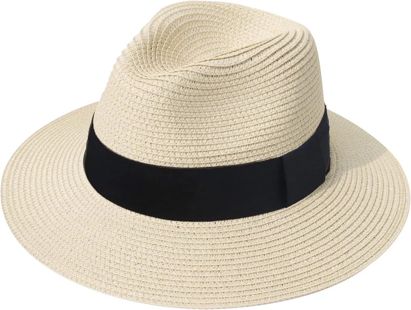 DRESHOW Women Straw Panama Hat Travel Fedora Beach Sun Hat Summer Wide Brim Straw Roll up Hat UPF 50 