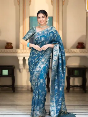 Eclat Rama Soft Silk Saree With Embrocation Blouse Piece