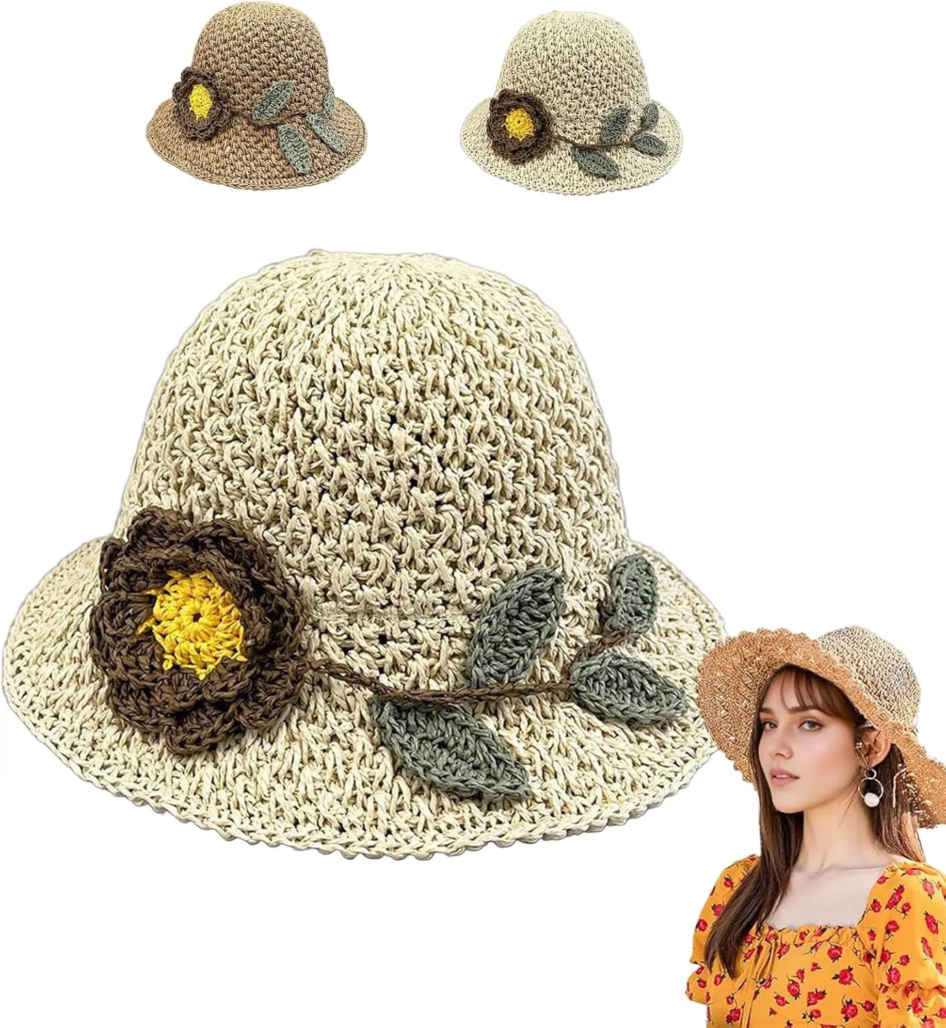 Elegant Crochet Straw Hat with Ruffle Detail, Crochet Ruffle Hats for Women, UV Protection Wide Brim Sun Hat