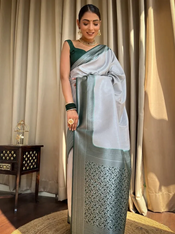 Engrossing Grey Soft Silk Saree With Invaluable Blouse Piece