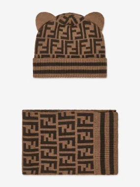 Fendi Baby Logo Hat and Scarf Set in Brown