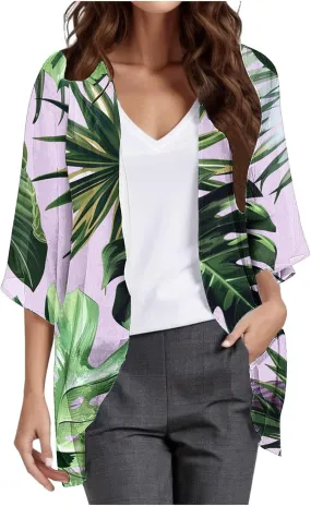 Floral Print Puff Sleeve Kimono For Women Cardigans 3/4 Sleeve Chiffon Coverup 2025 Loose Open Front Cover Beach Tops