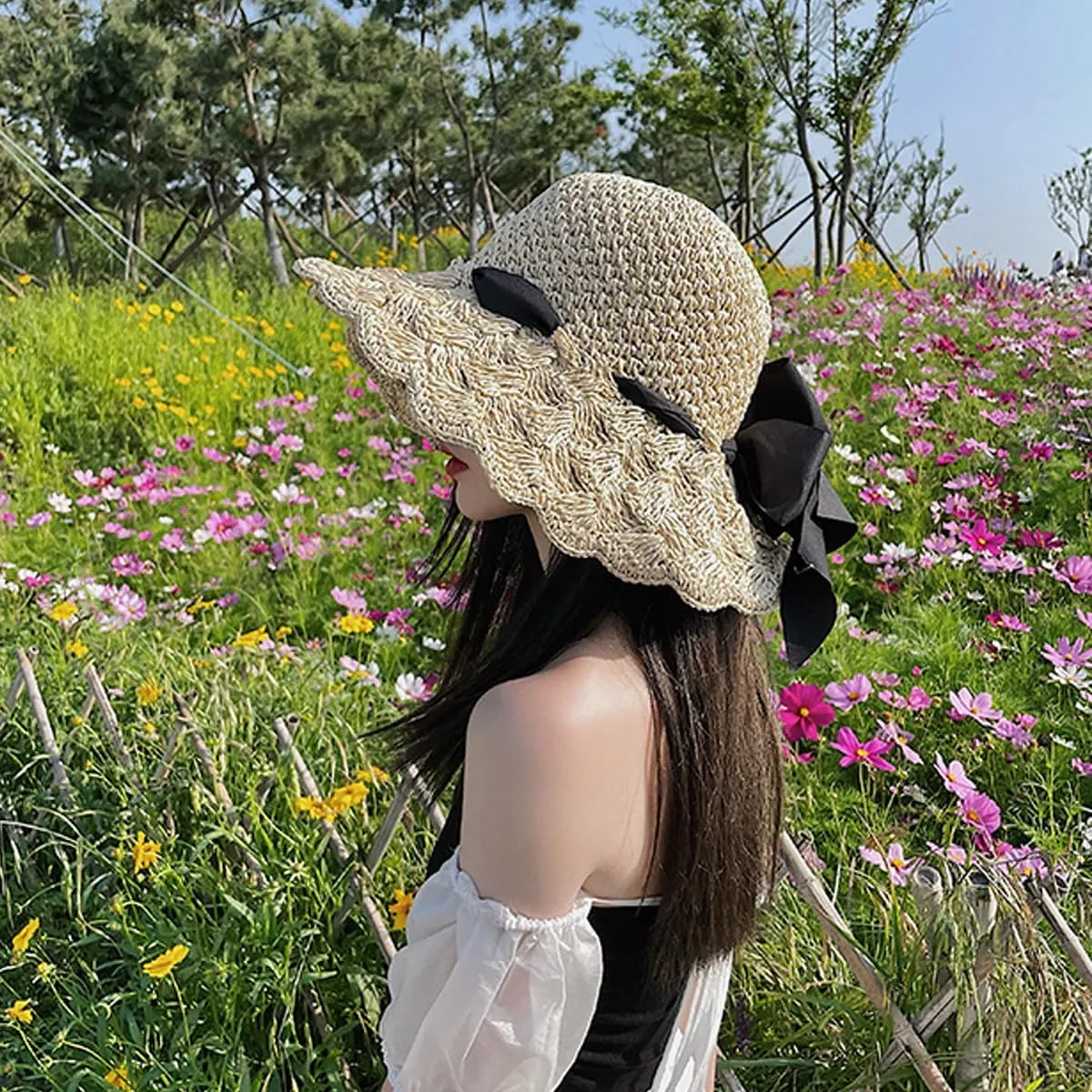 Foldable Wide Brim Floppy Straw Beach Sun Hat, Summer Cap with Bowknot for Women Girl