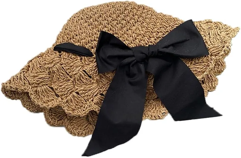 Foldable Wide Brim Floppy Straw Beach Sun Hat, Summer Cap with Bowknot for Women Girl