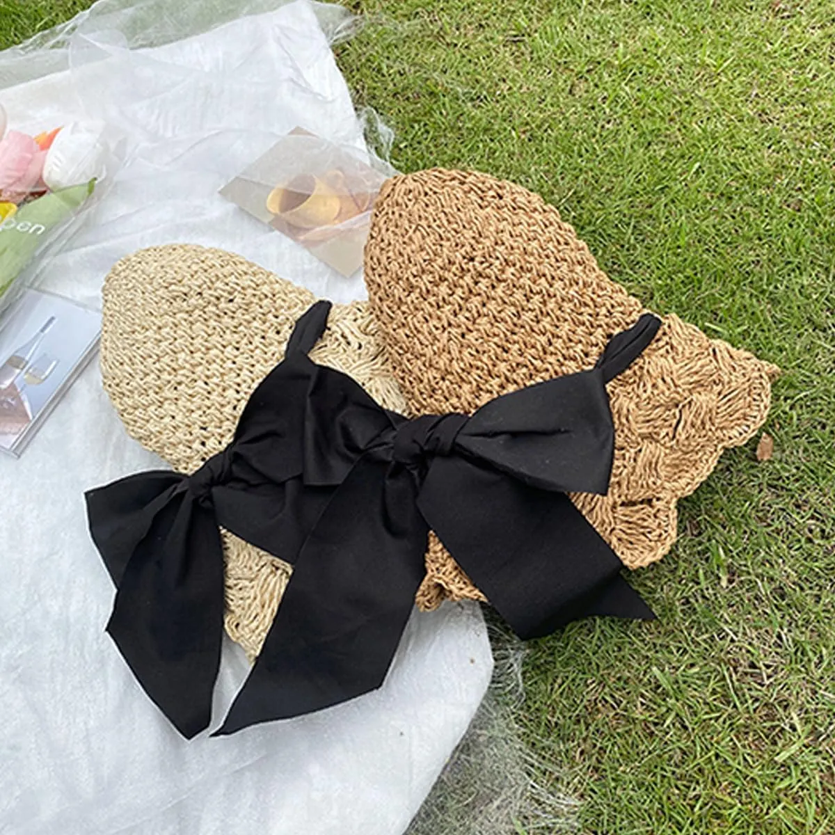 Foldable Wide Brim Floppy Straw Beach Sun Hat, Summer Cap with Bowknot for Women Girl