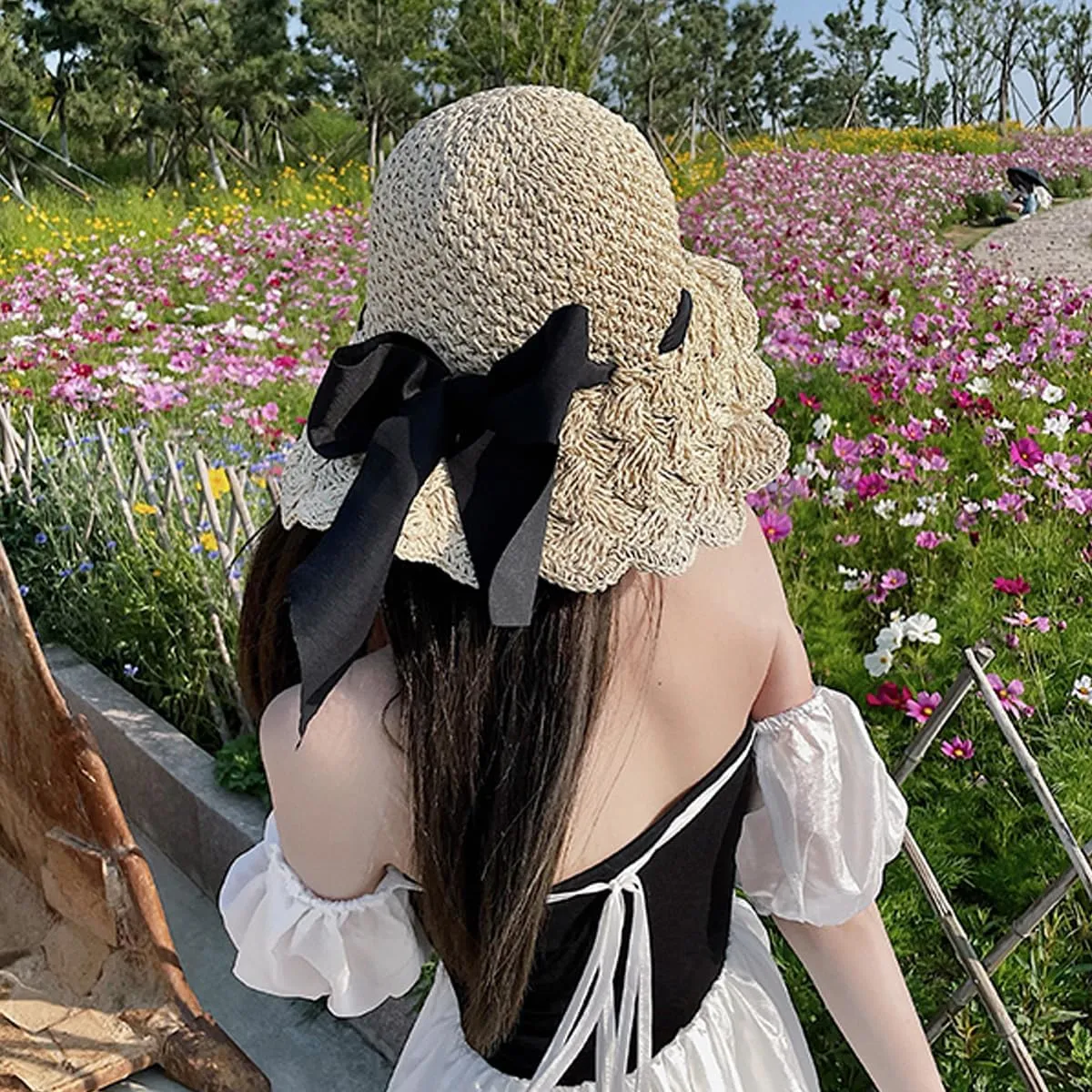 Foldable Wide Brim Floppy Straw Beach Sun Hat, Summer Cap with Bowknot for Women Girl