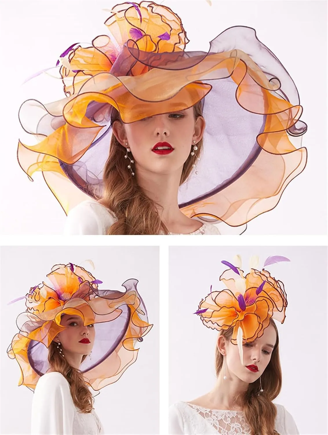 GIBZ Women's Translucent Fascinator Hats Extra Large Brim Tulle 1920s Sun Hat with Flower for Tea Party Church Wedding