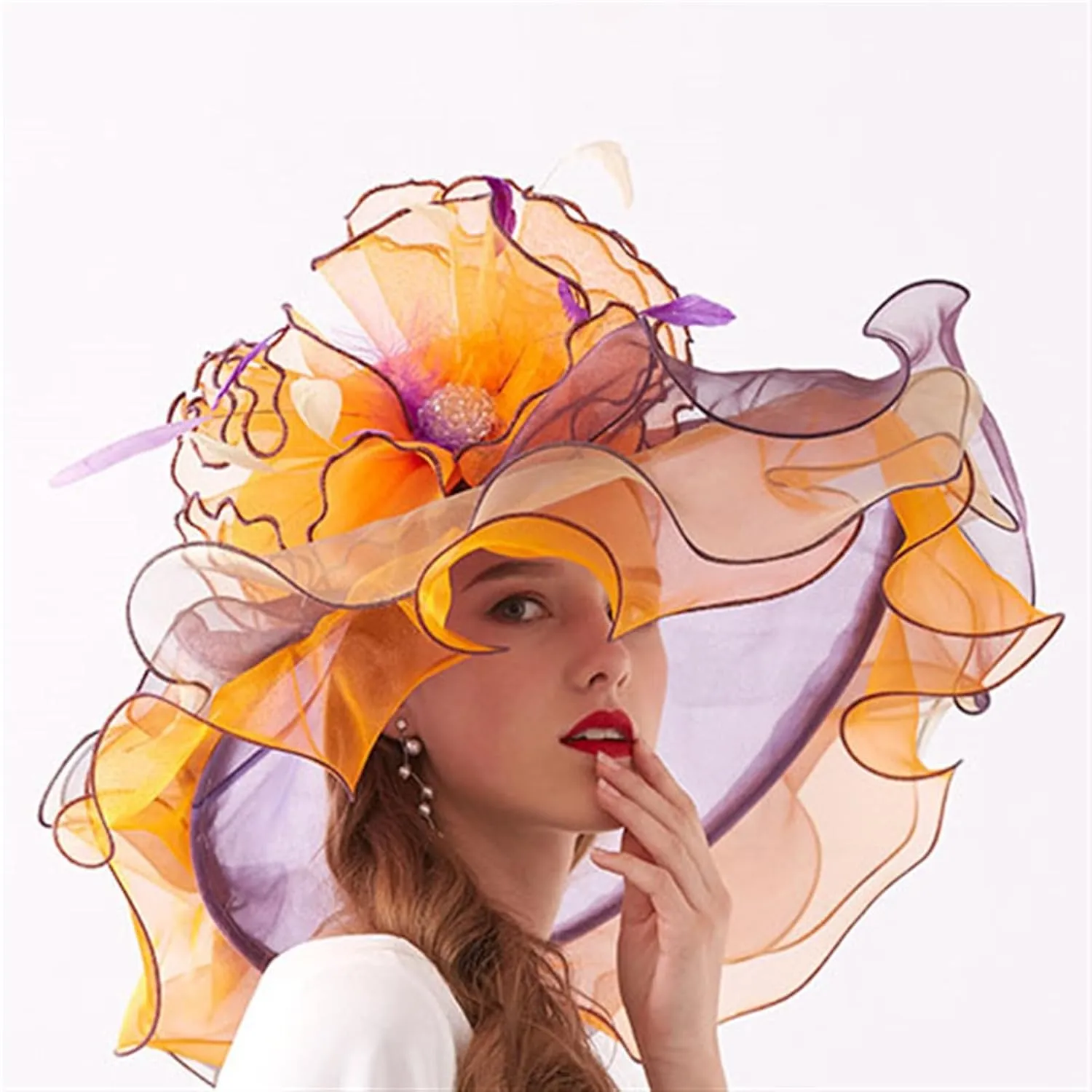 GIBZ Women's Translucent Fascinator Hats Extra Large Brim Tulle 1920s Sun Hat with Flower for Tea Party Church Wedding