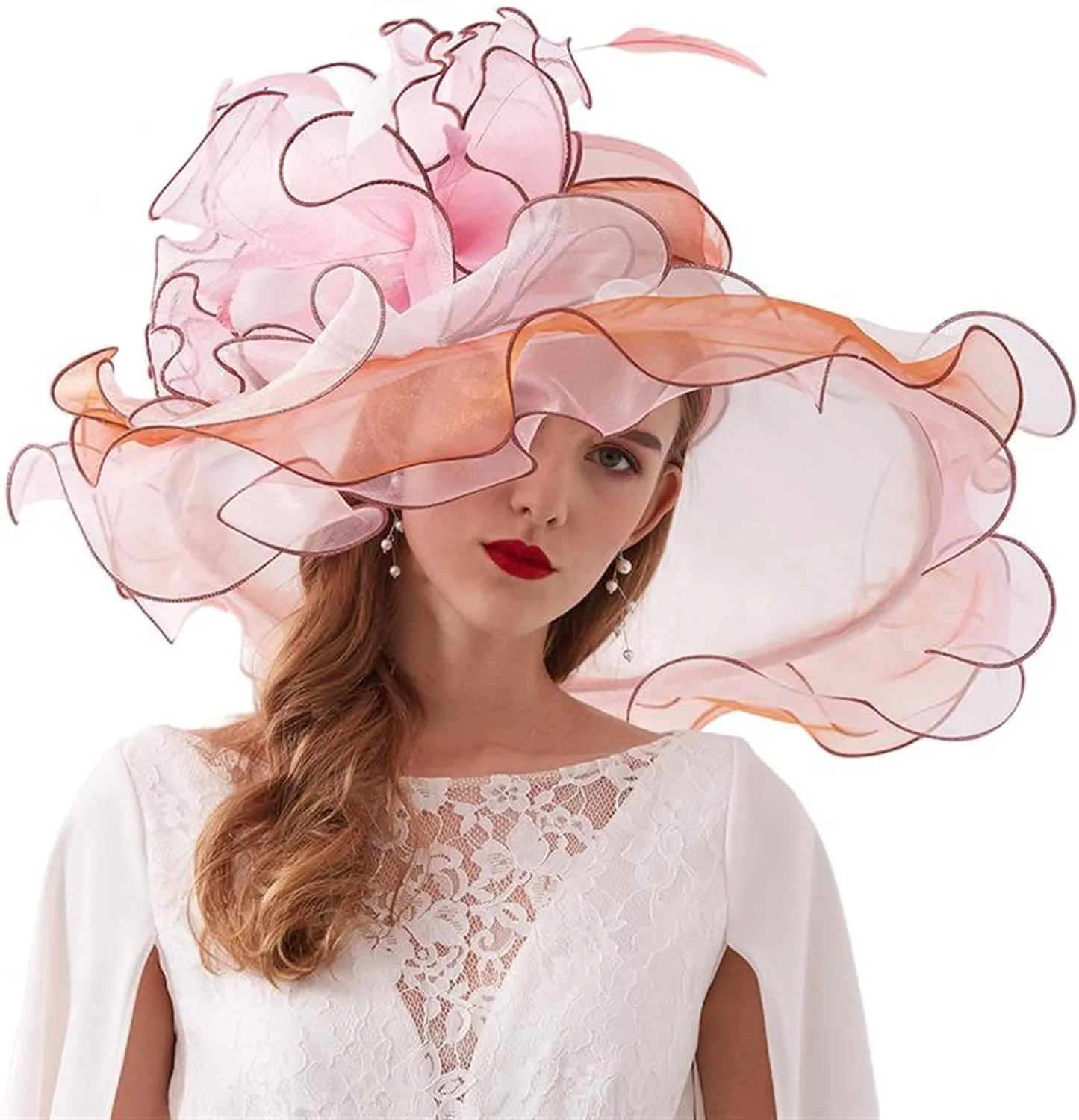 GIBZ Women's Translucent Fascinator Hats Extra Large Brim Tulle 1920s Sun Hat with Flower for Tea Party Church Wedding