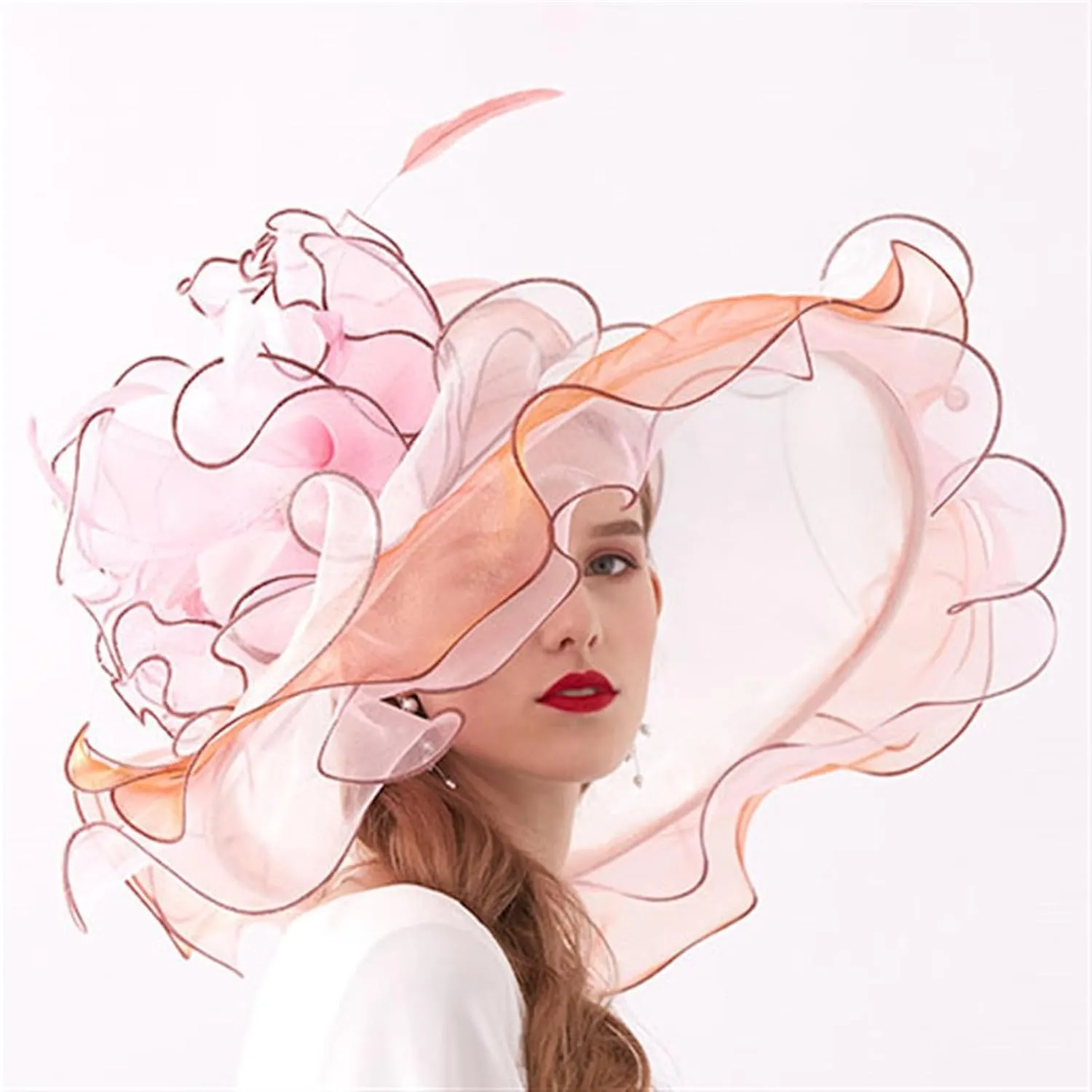 GIBZ Women's Translucent Fascinator Hats Extra Large Brim Tulle 1920s Sun Hat with Flower for Tea Party Church Wedding