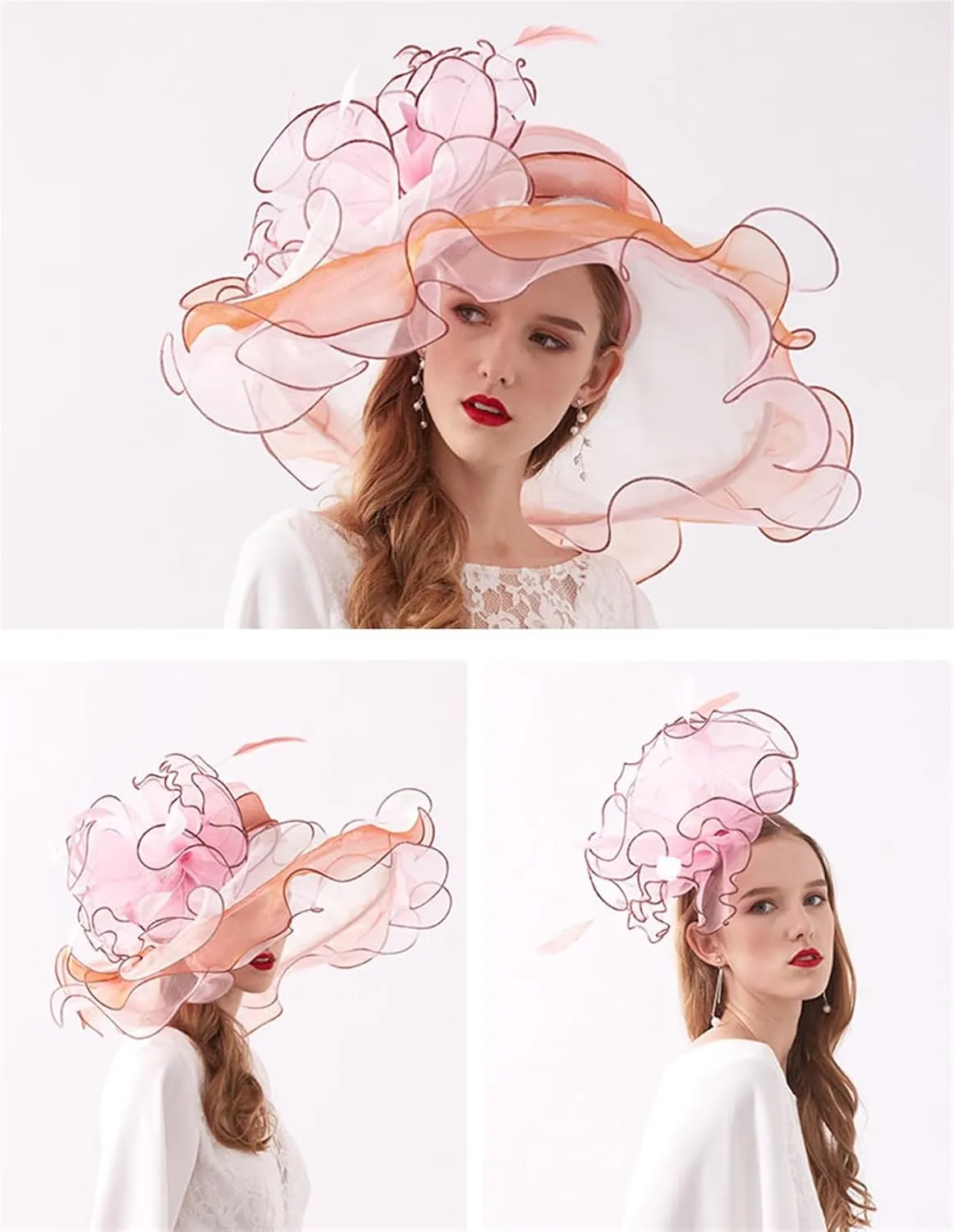 GIBZ Women's Translucent Fascinator Hats Extra Large Brim Tulle 1920s Sun Hat with Flower for Tea Party Church Wedding