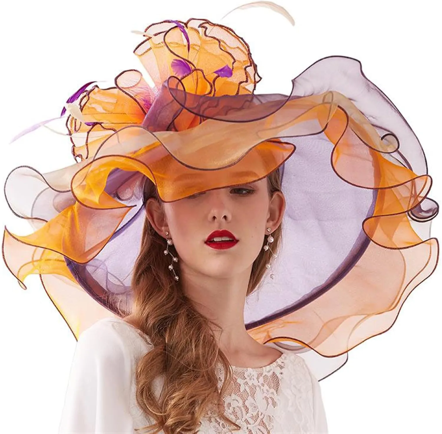 GIBZ Women's Translucent Fascinator Hats Extra Large Brim Tulle 1920s Sun Hat with Flower for Tea Party Church Wedding