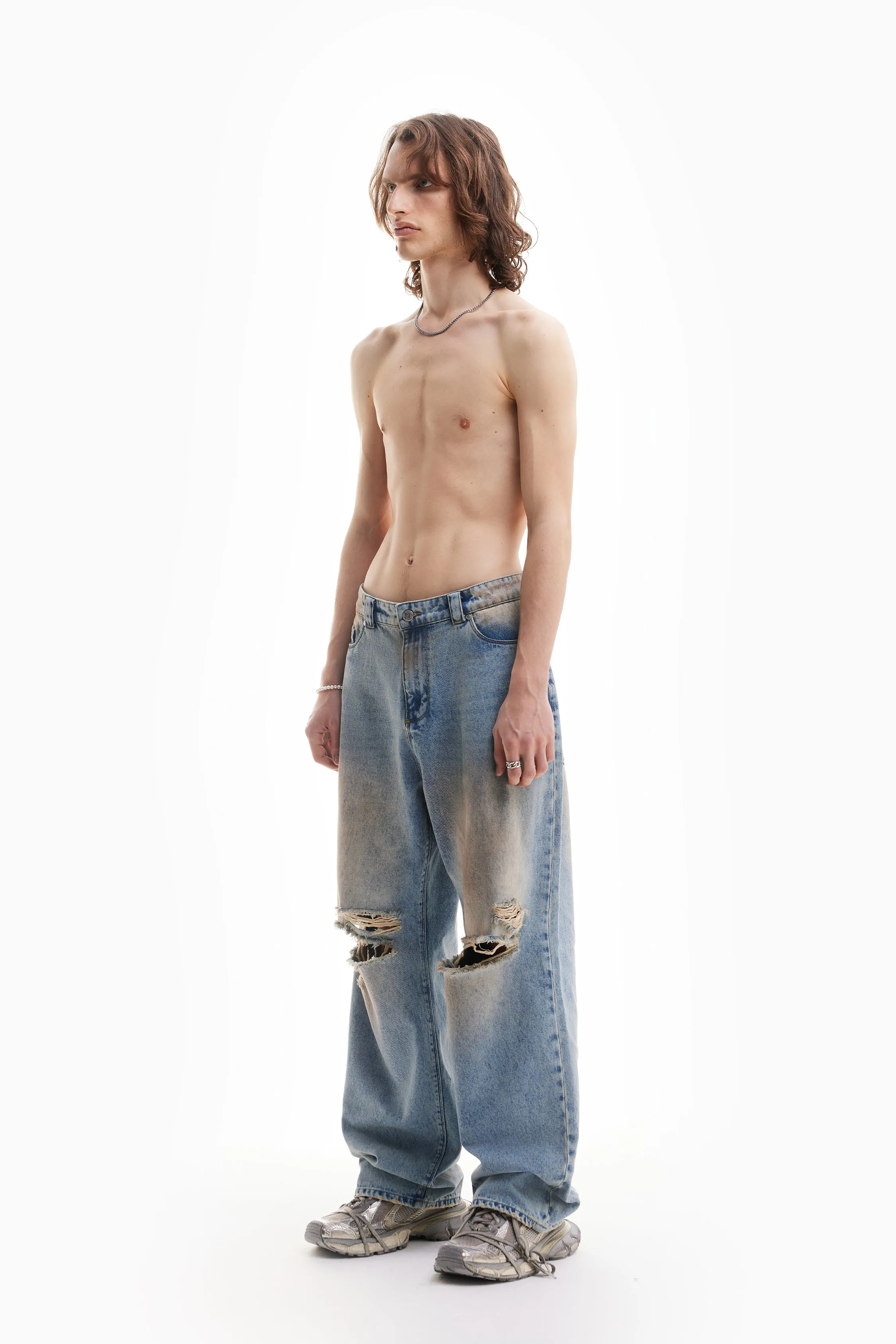 HEAVY BAGGY DISTRESSED DENIM SAND WASH DIRT WASH