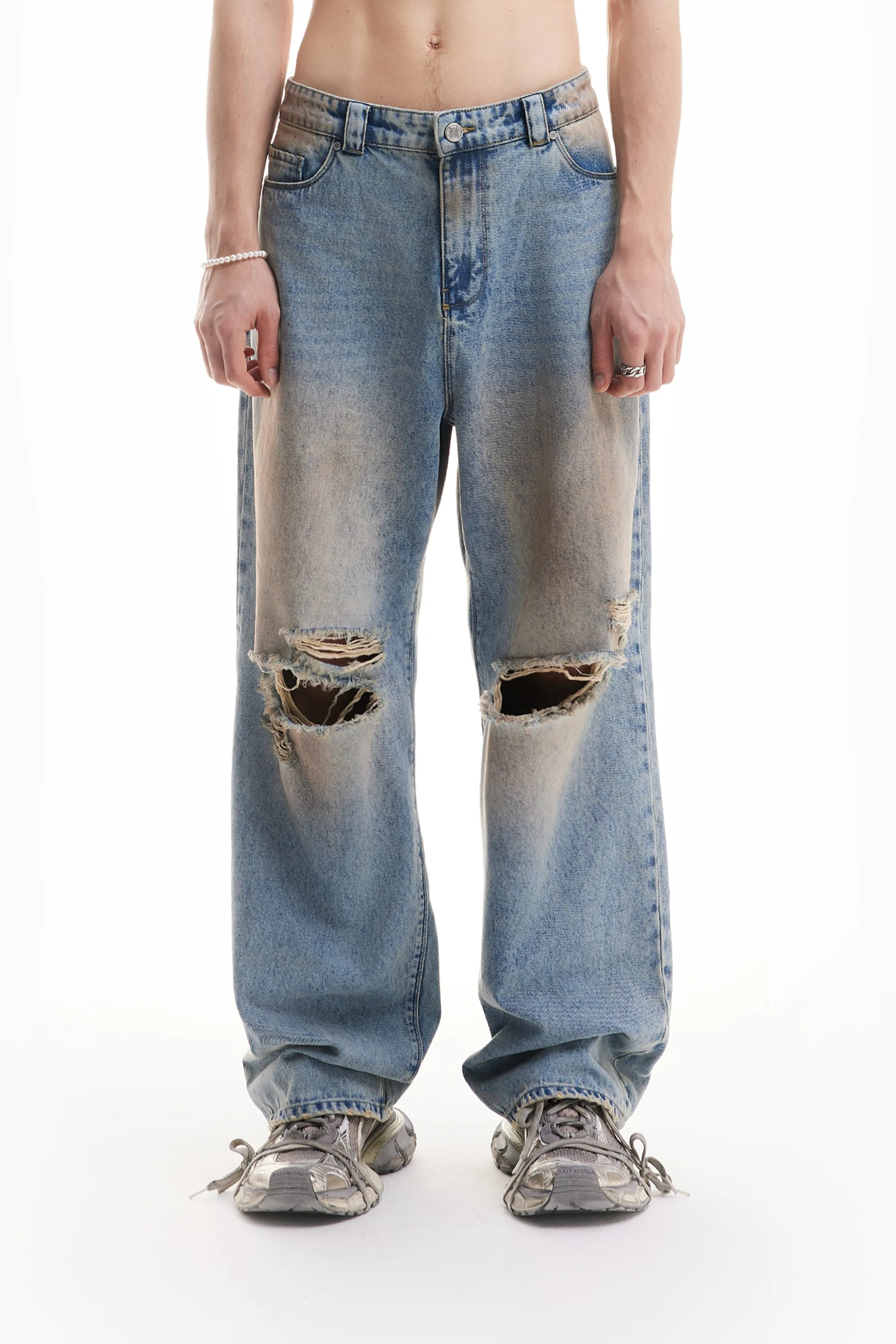 HEAVY BAGGY DISTRESSED DENIM SAND WASH DIRT WASH