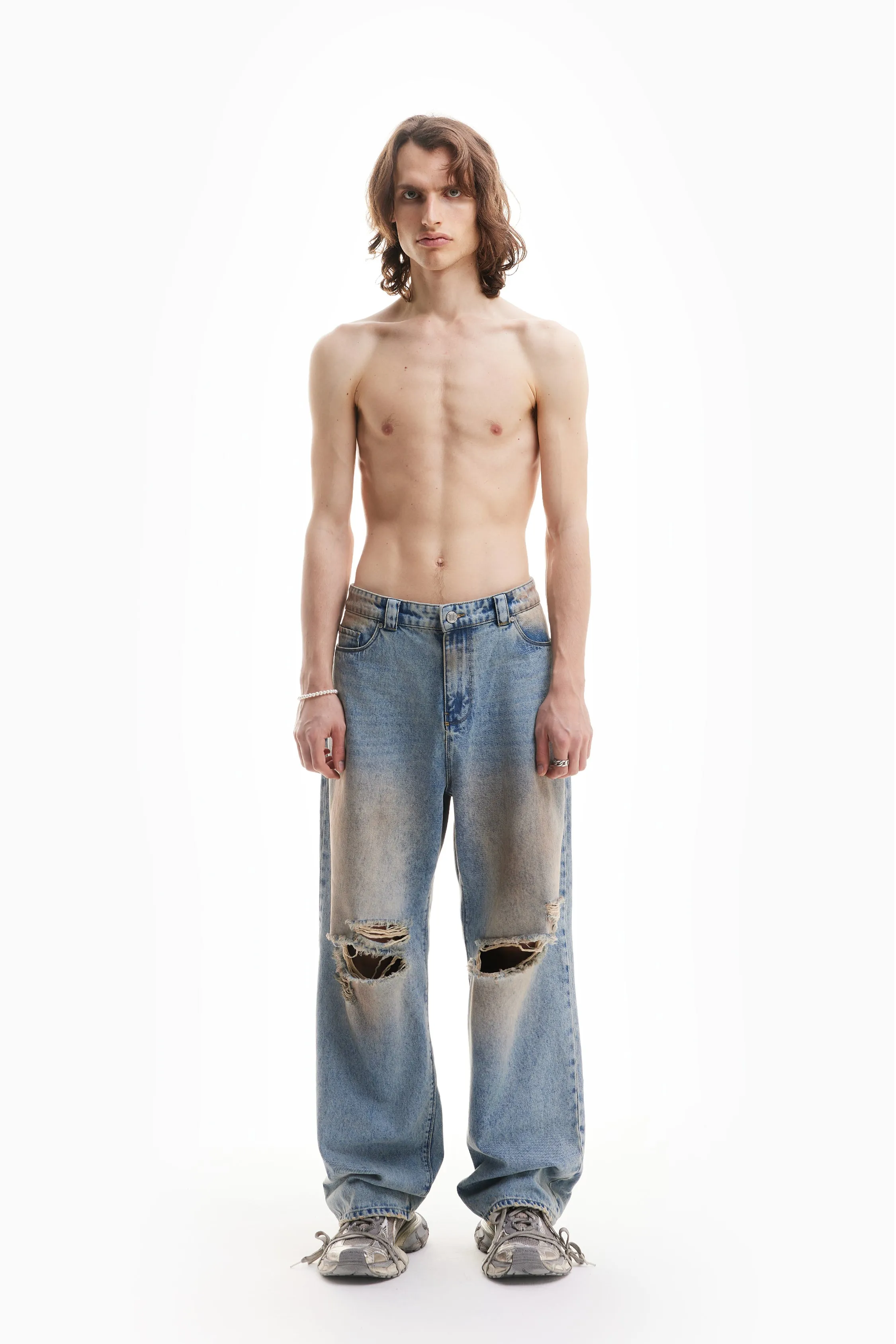 HEAVY BAGGY DISTRESSED DENIM SAND WASH DIRT WASH