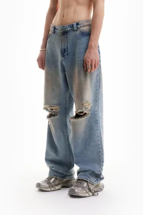 HEAVY BAGGY DISTRESSED DENIM SAND WASH DIRT WASH