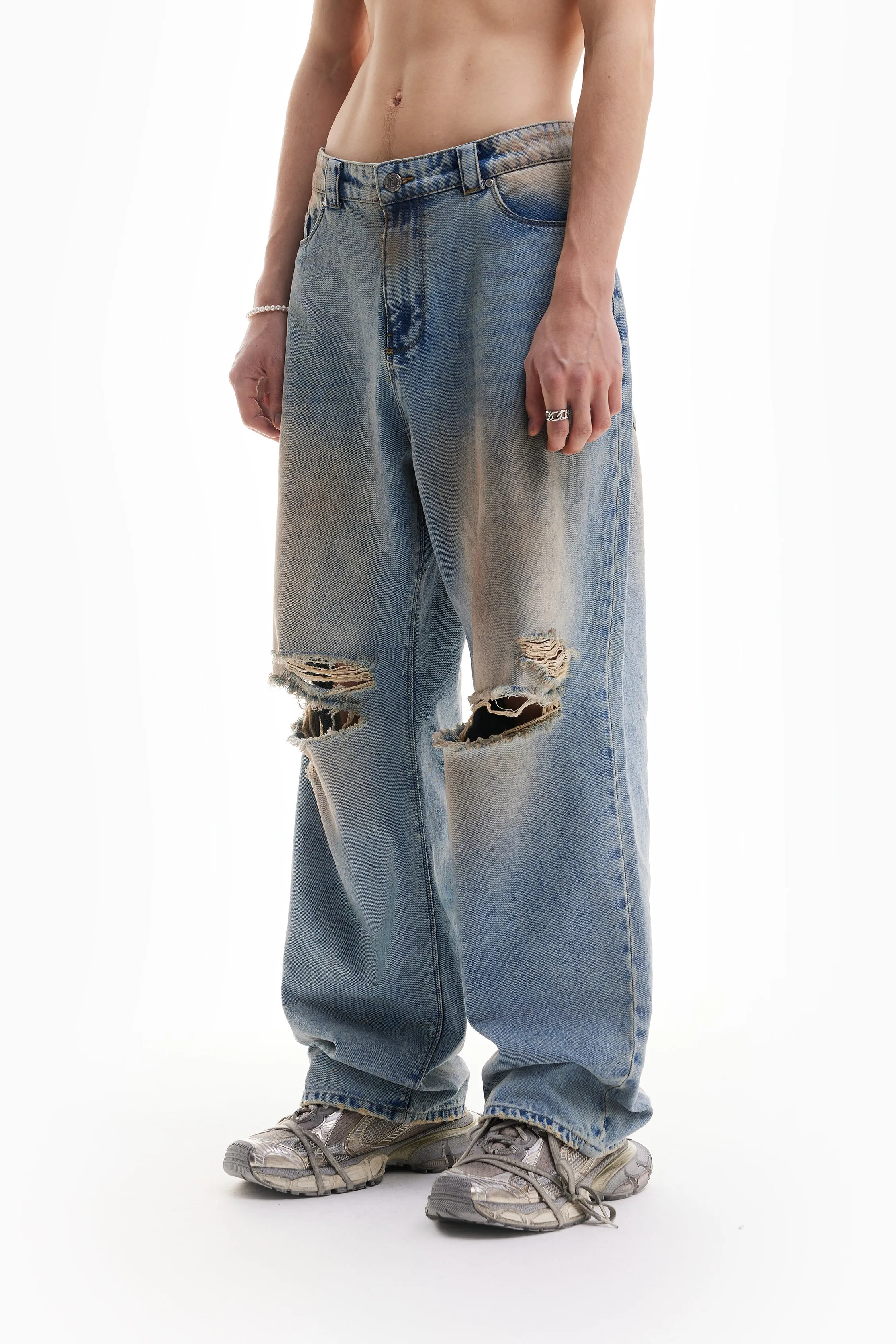 HEAVY BAGGY DISTRESSED DENIM SAND WASH DIRT WASH