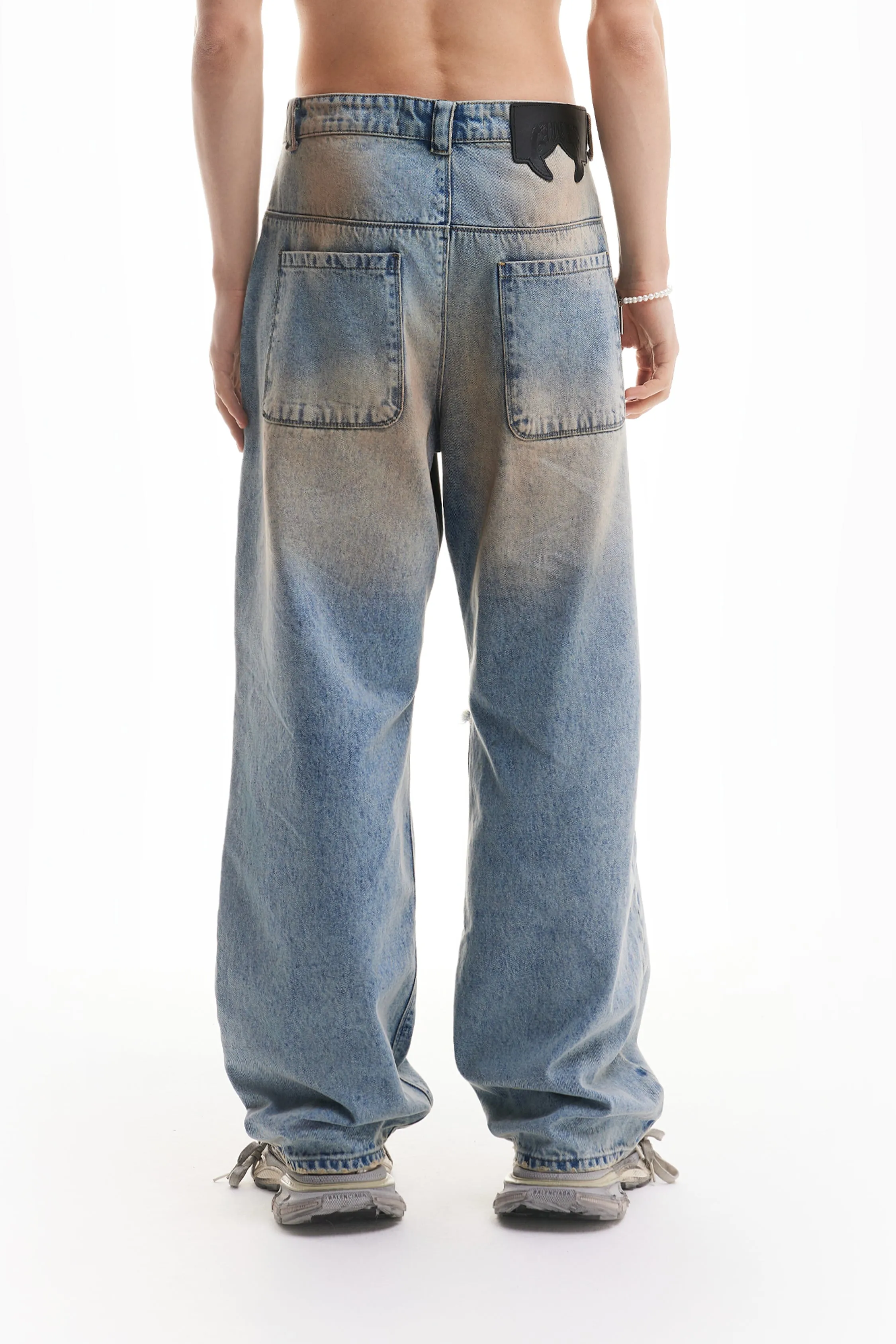HEAVY BAGGY DISTRESSED DENIM SAND WASH DIRT WASH